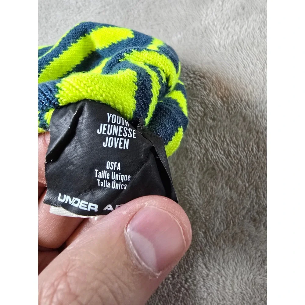 Under‎ Armour Youth Beanie Hat OSFA Blue Neon Yellow Knit Winter Cap